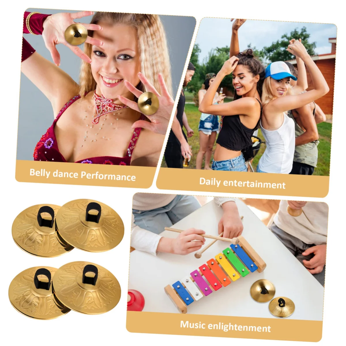 A collage showing belly dance performance, daily entertainment, and music enlightenment with mini copper finger cymbals.