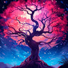 A vibrant night landscape painting featuring a large, dark tree silhouetted against a bright pink and purple sky over water.