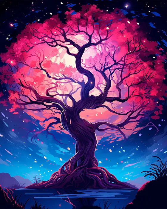 A vibrant night landscape painting featuring a large, dark tree silhouetted against a bright pink and purple sky over water.
