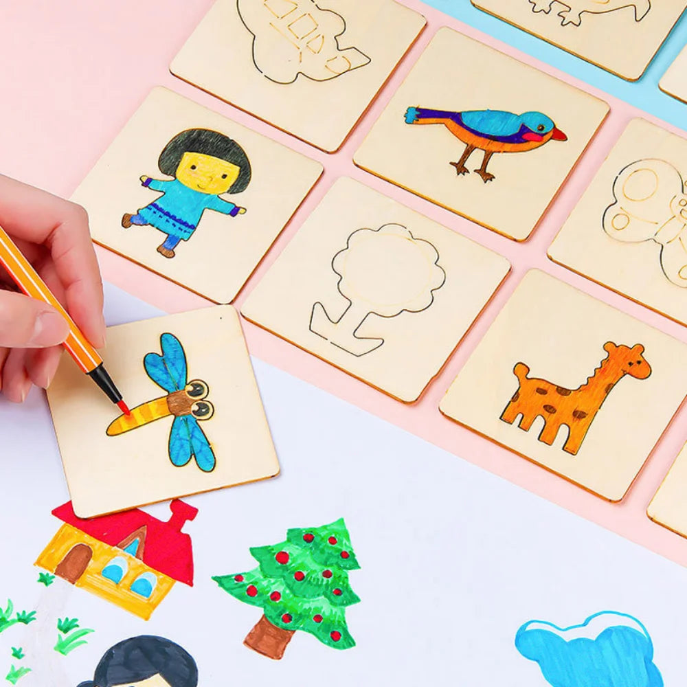 Montessori Wooden Drawing Stencils Set for Kids - 20pc Creative Painting Templates
