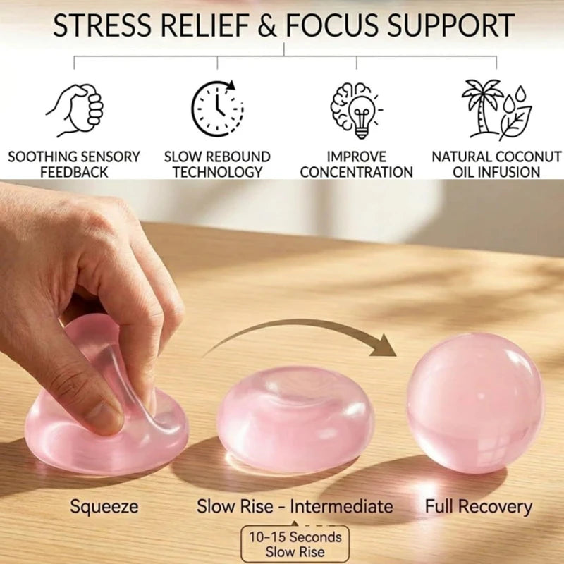 Pink silicone stress balls showing different levels of recovery: Squeeze, Slow Rise (Intermediate), and Full Recovery.