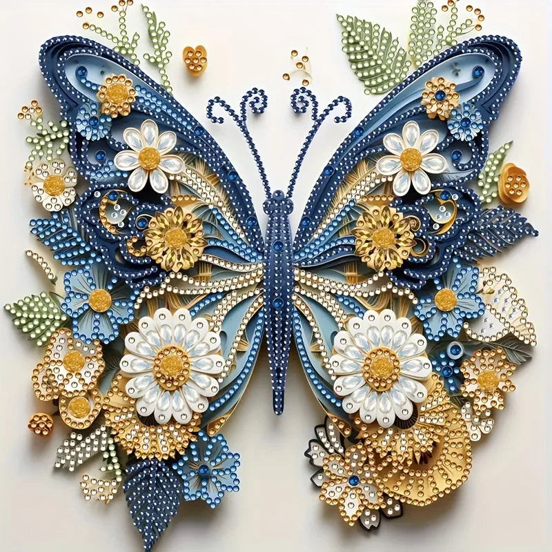 A detailed diamond painting kit featuring a sparkling blue and gold butterfly design.