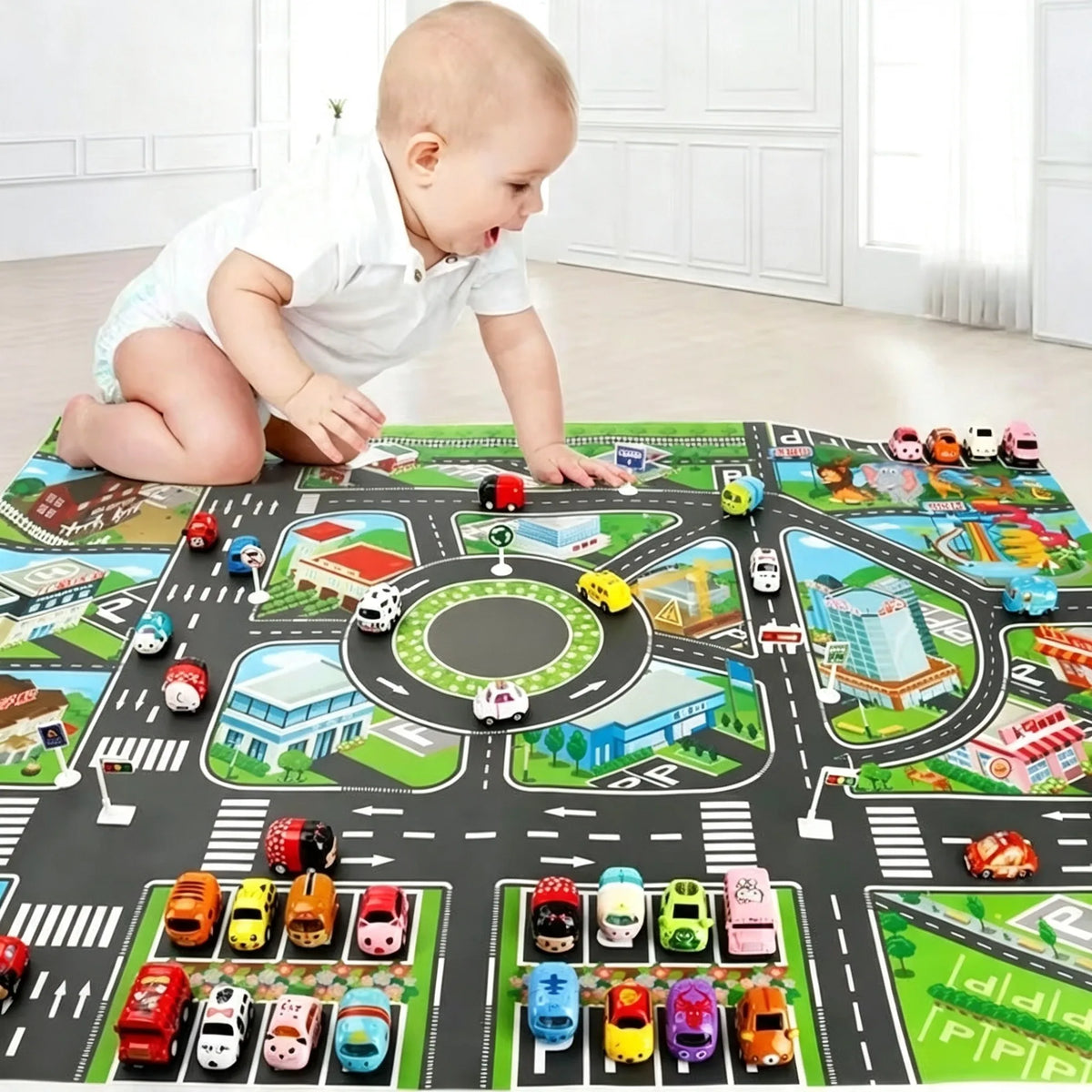 A baby is interacting with a colorful Kids City Road Map Play Mat featuring various vehicles and city scenes.