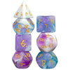 A set of seven premium glitter polyhedral dice in various colors and patterns stacked vertically.