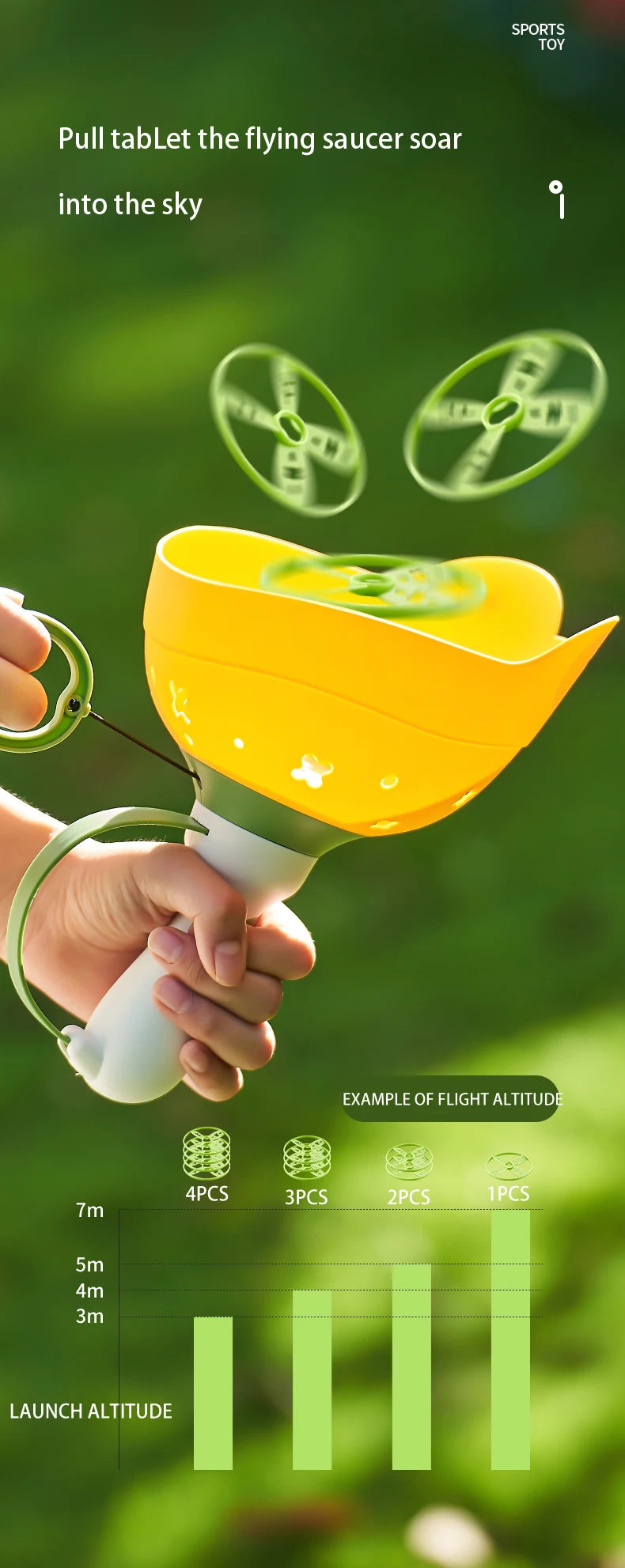 A hand holds a yellow flying saucer toy, demonstrating its launch altitude with various piece counts.