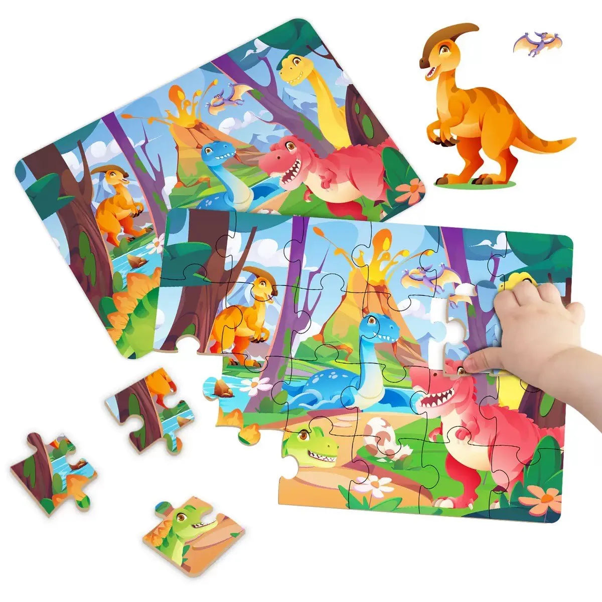 A colorful jigsaw puzzle featuring various animal cartoon characters like a giraffe and a dinosaur.