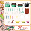 A collection of 29 assorted kids pretend play kitchen items including cookware, utensils, and food props.