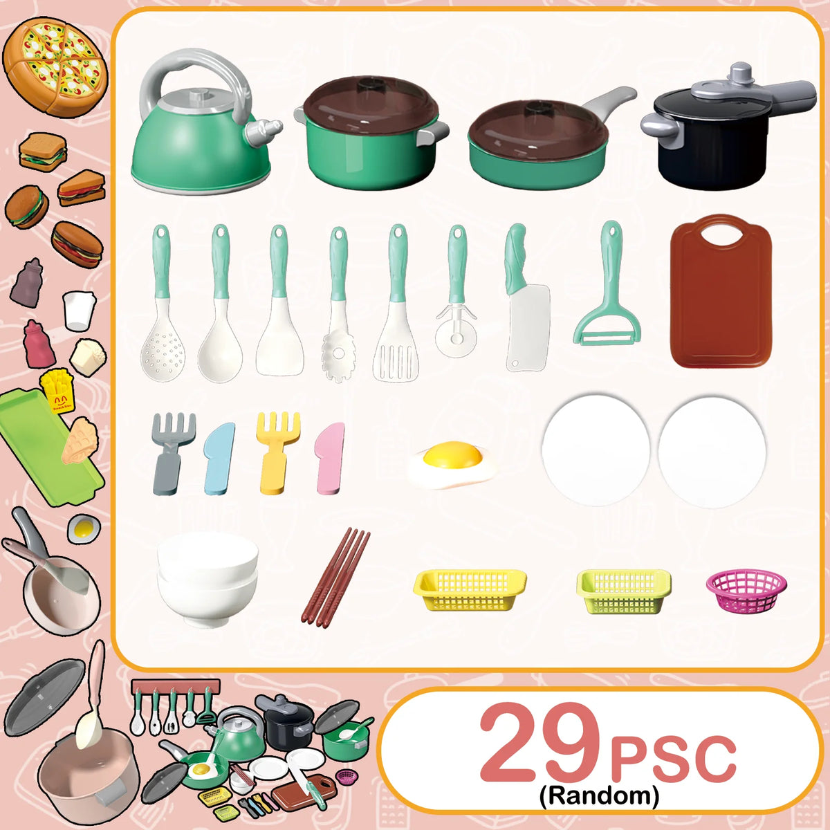 A collection of 29 assorted kids pretend play kitchen items including cookware, utensils, and food props.