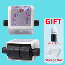 A white roller stamp for multiplication and division math practice with an ink bottle and storage box.