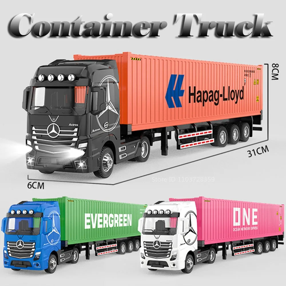Diecast container truck models showing various shipping containers like orange, green, and pink on a truck