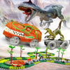 A dinosaur train track set featuring a large dinosaur model and a mist-spouting volcano.