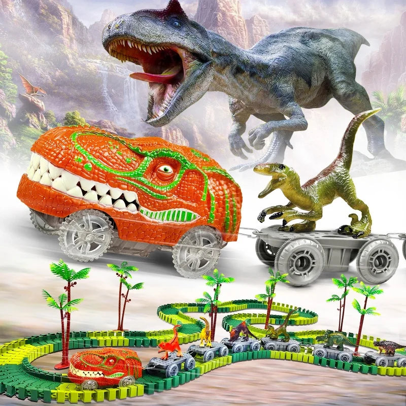 A dinosaur train track set featuring a large dinosaur model and a mist-spouting volcano.