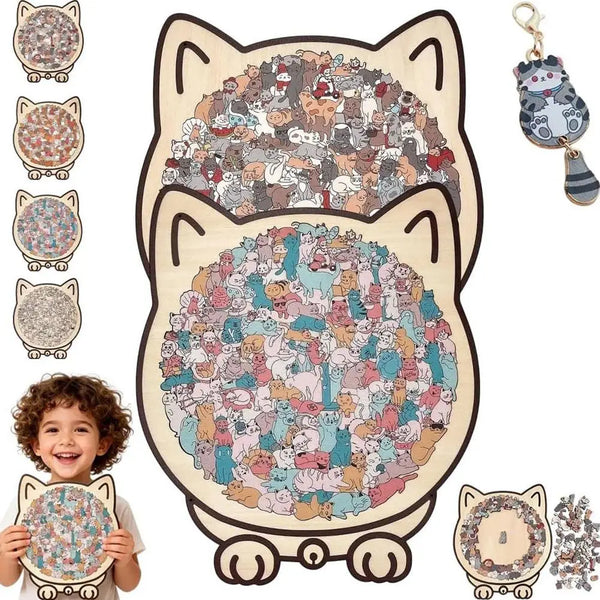 Holzpuzzle in Katzenform mit Collage aus Katzen und Kätzchen