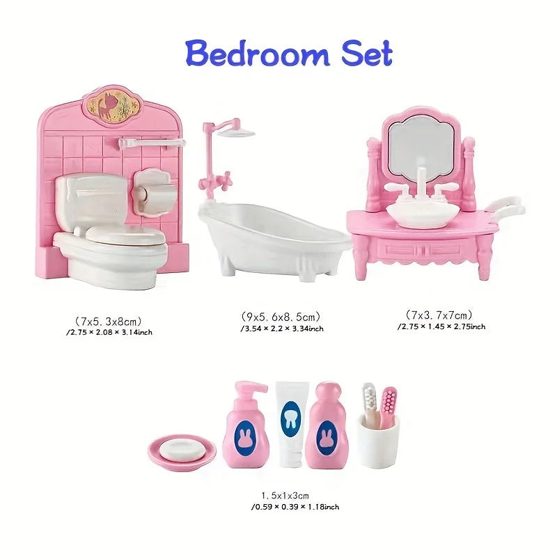 Dollhouse Furniture Set for Pretend Play – 3-Room Miniature Collection