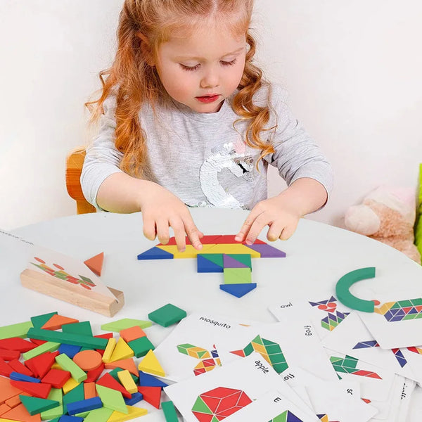 A young girl is assembling a wooden shape matching jigsaw puzzle set on a white table.