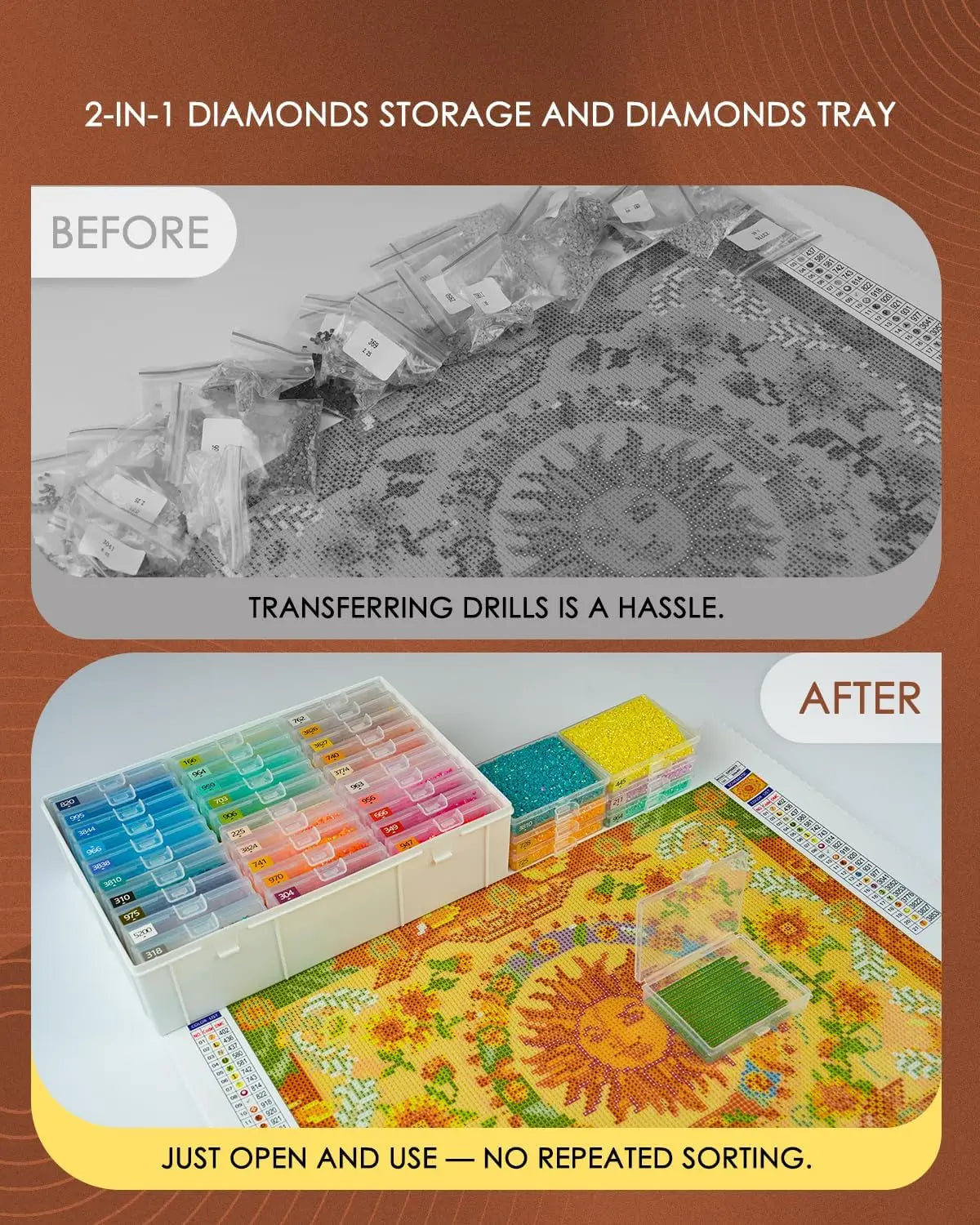 Before and after comparison showing a 2-in-1 diamonds storage and diamonds tray set for easier sorting.