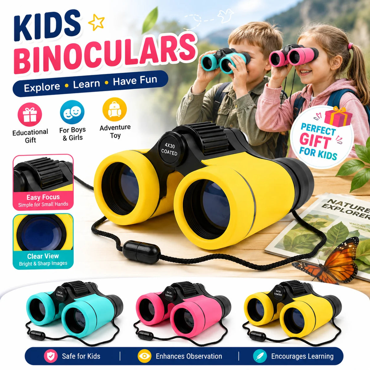 A set of yellow kids binoculars with black straps and lenses shown in an outdoor context.