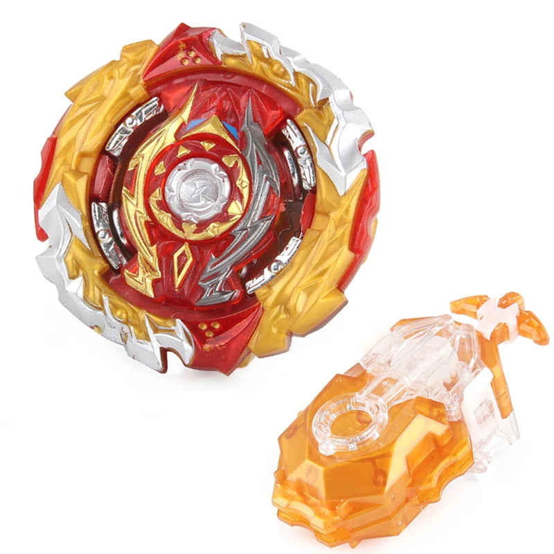 A metal spinning top battle set featuring a red and gold design with a clear plastic launcher.