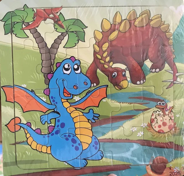 A jigsaw puzzle featuring a blue dinosaur and a reddish-brown dinosaur on a green landscape.