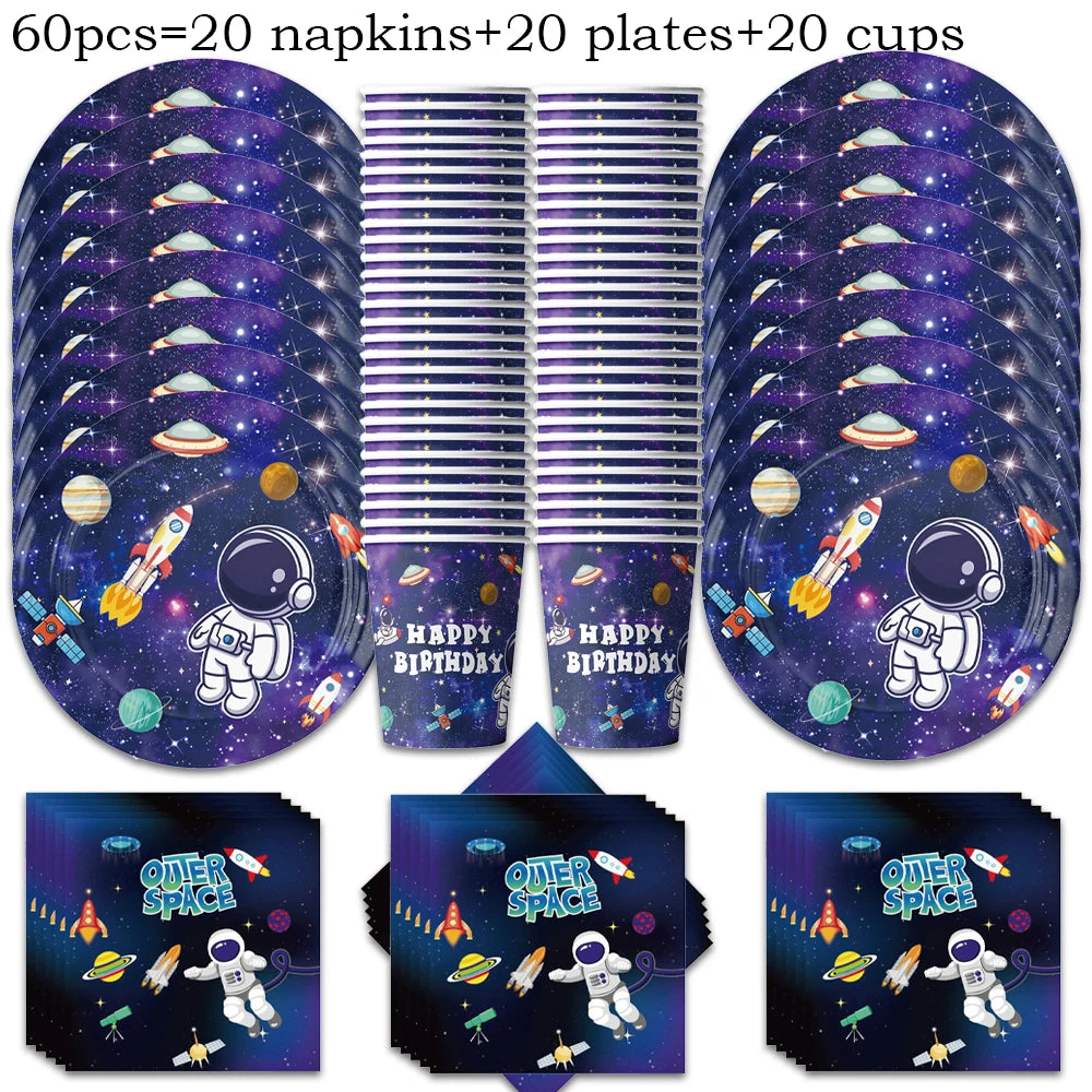 A set of party décor including 60 pieces of tableware like napkins plates and cups with outer space themes