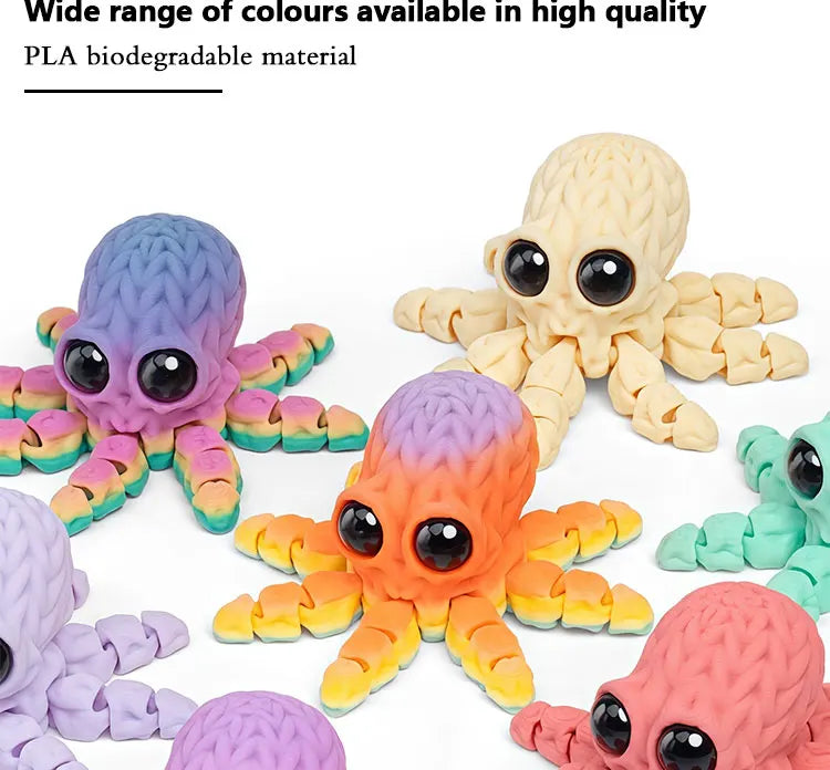 A variety of colorful, high-quality PLA biodegradable octopus figures are displayed.