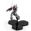 A silver and black mecha action figure standing on an adjustable snake bone stand.