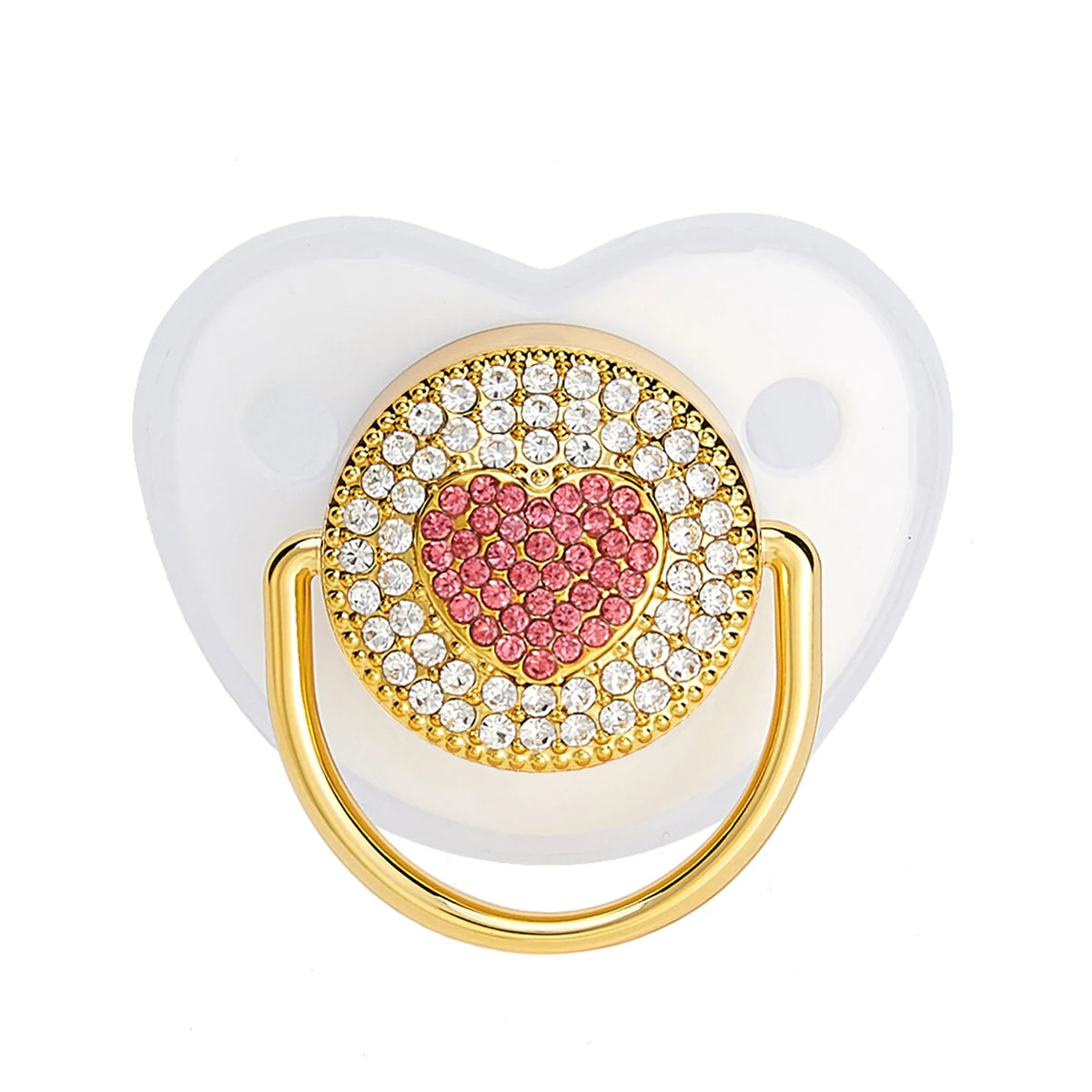 Rose gold crystal bling pacifier with a heart design and gold ring for newborns