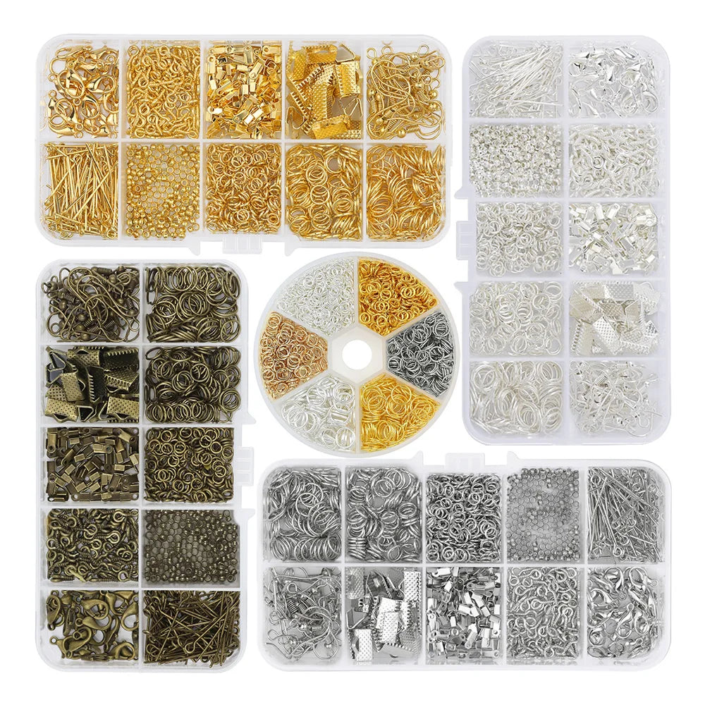 A complete jewelry making supplies kit featuring various gold and silver beads, wire, and tools organized in compartments.