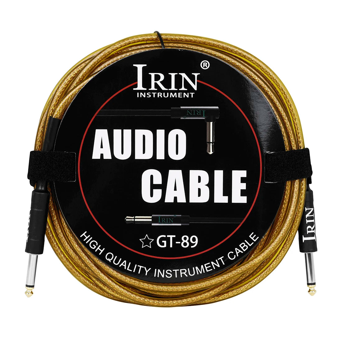 A spool of IRIN Audio Cable, a high quality instrument cable, with black and gold wiring.