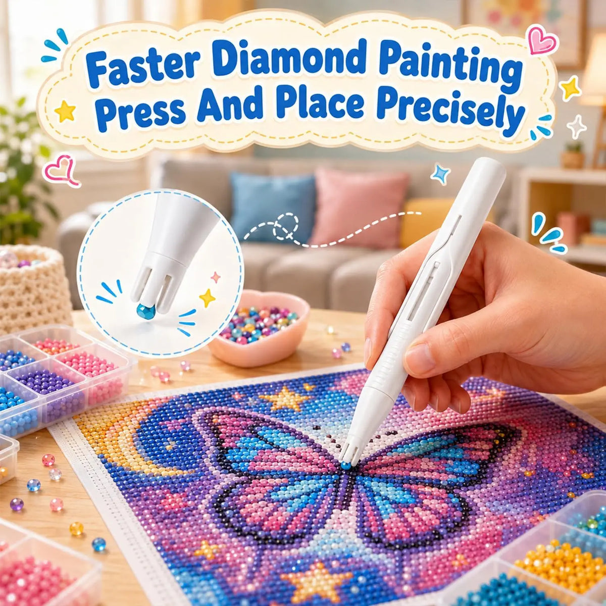 A hand uses a white diamond painting pen to place beads onto a fabric featuring a colorful butterfly design.
