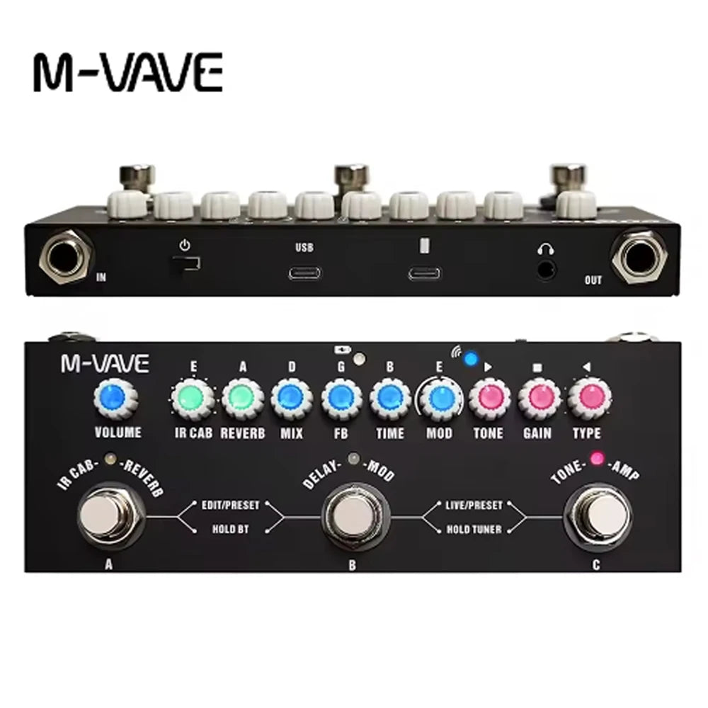 Black M-VAVE multi-effects pedal showing various controls and input/output jacks