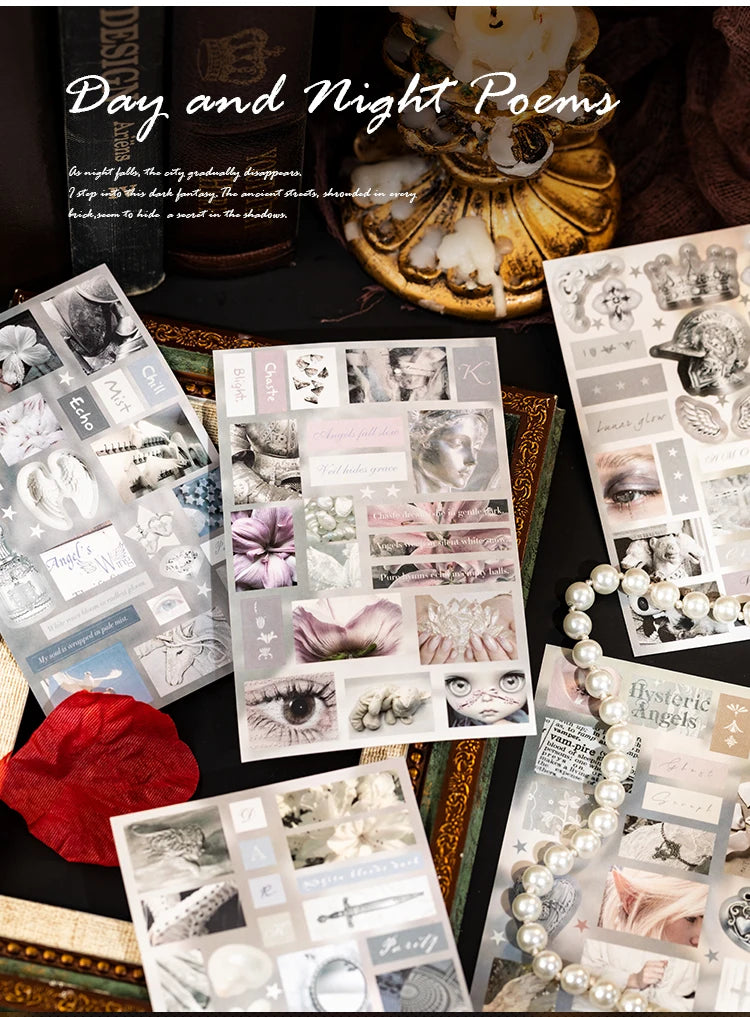 A collection of retro day and night poetry die-cut sticker sheets for journaling and scrapbooking displayed on a dark surface