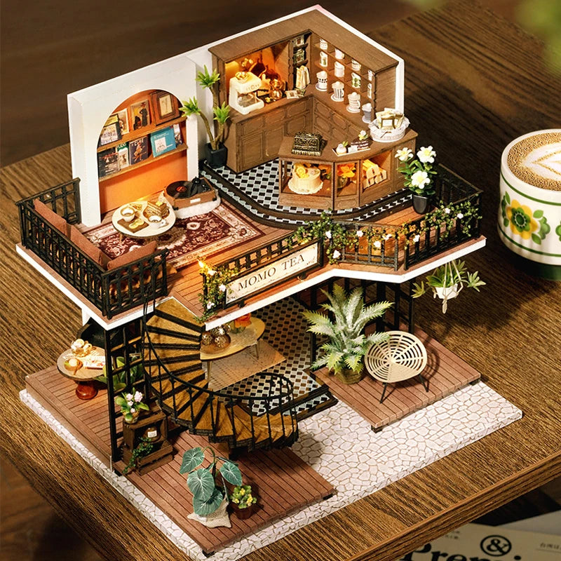 A detailed miniature dollhouse puzzle kit featuring a Japanese-style shop facade and interior display.