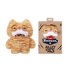 A plush toy of a cat with orange tabby fur and large round eyes packaged in a box.