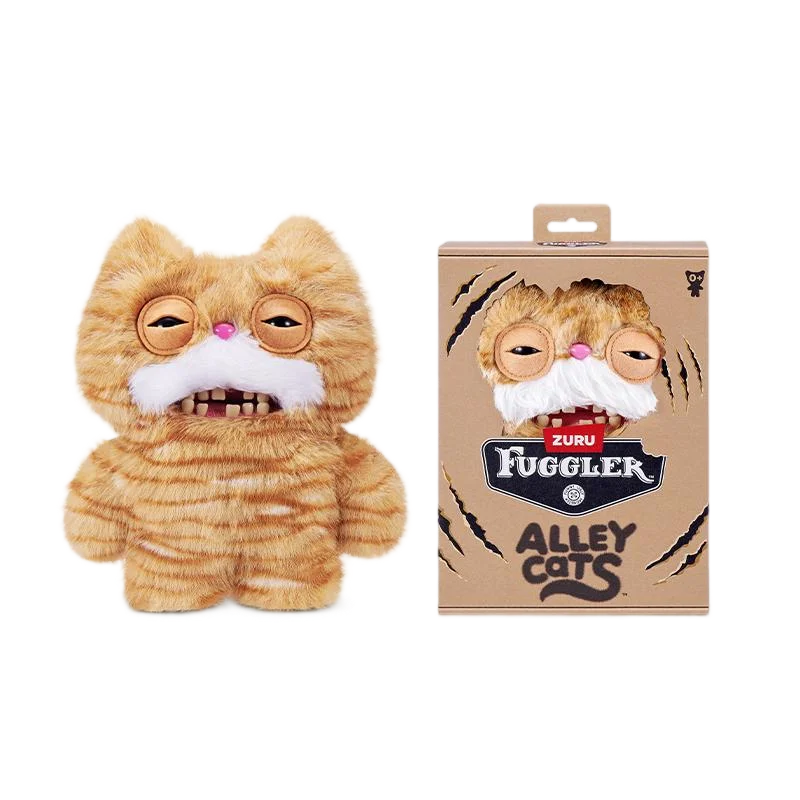 A plush toy of a cat with orange tabby fur and large round eyes packaged in a box.