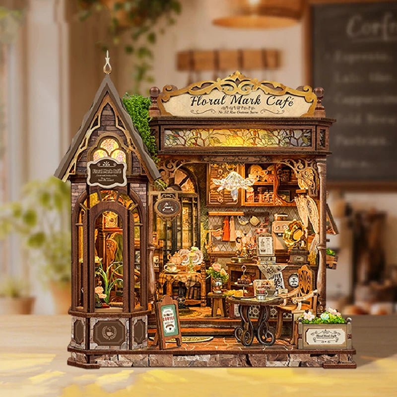 DIY Wooden Flower Shop Café Dollhouse Miniature Kit with LED Lighting