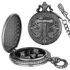 A detailed silver steampunk dragon pocket watch dice case with a lid and an attached chain.