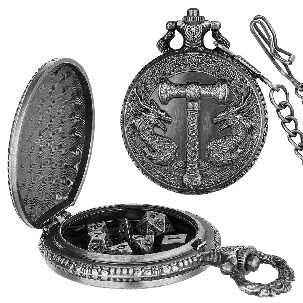 A detailed silver steampunk dragon pocket watch dice case with a lid and an attached chain.