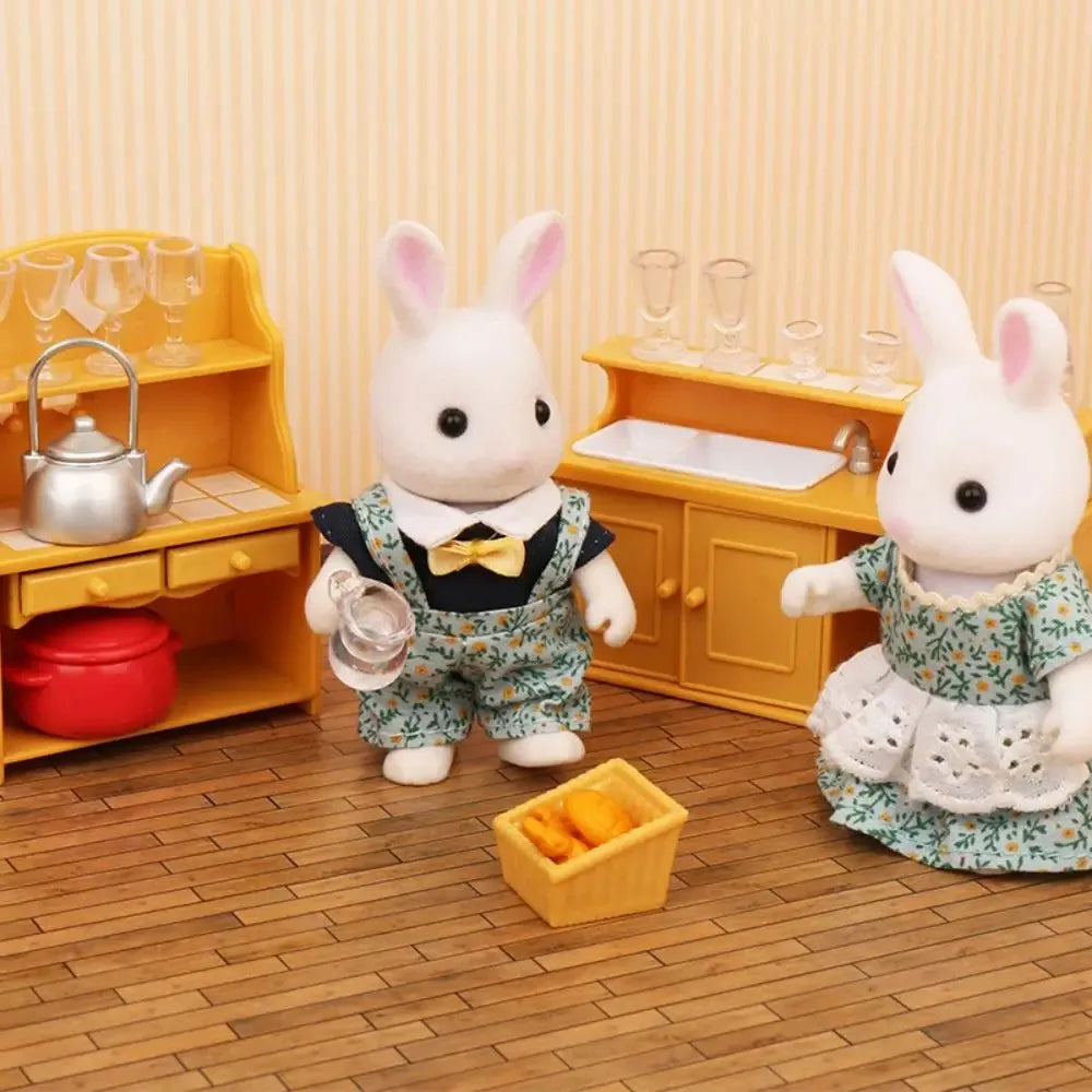 A set of forest animal miniature dollhouse furniture featuring two white rabbit dolls and wooden kitchen items.
