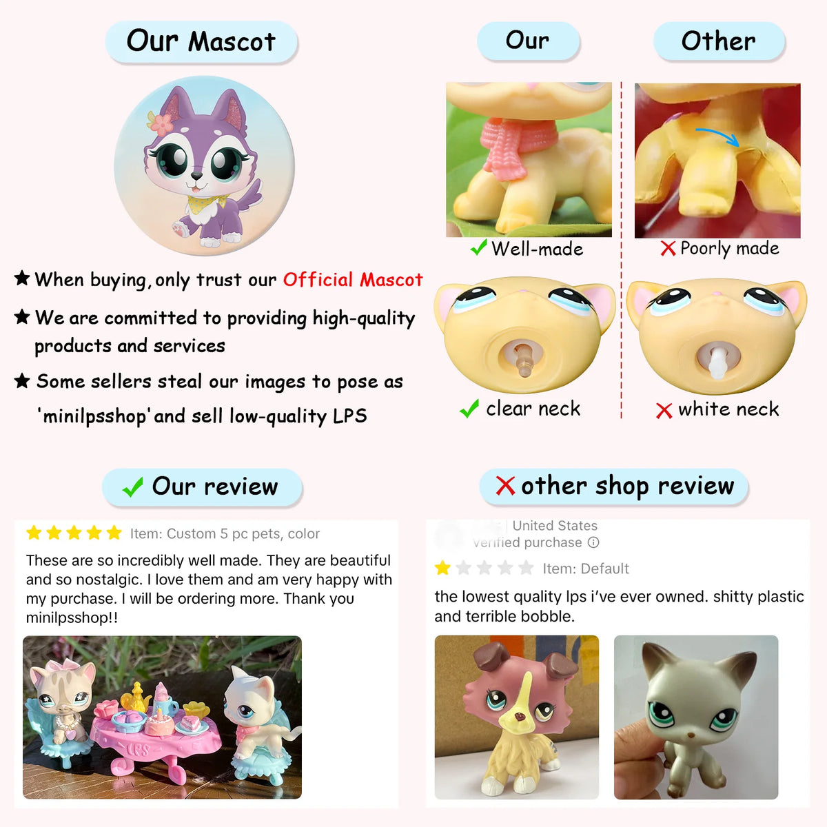 A set of cute animal bobblehead figurines including a purple dog and a yellow cat.