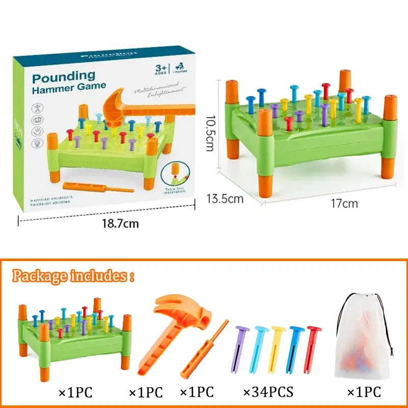 A set of toddler hammer nails toy for fine motor and color sorting game in green and yellow.