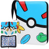 A blue and white PU leather card binder with a black strap and zipper, featuring colorful decorative elements.