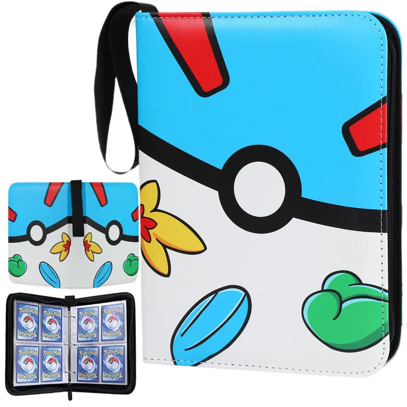 A blue and white PU leather card binder with a black strap and zipper, featuring colorful decorative elements.
