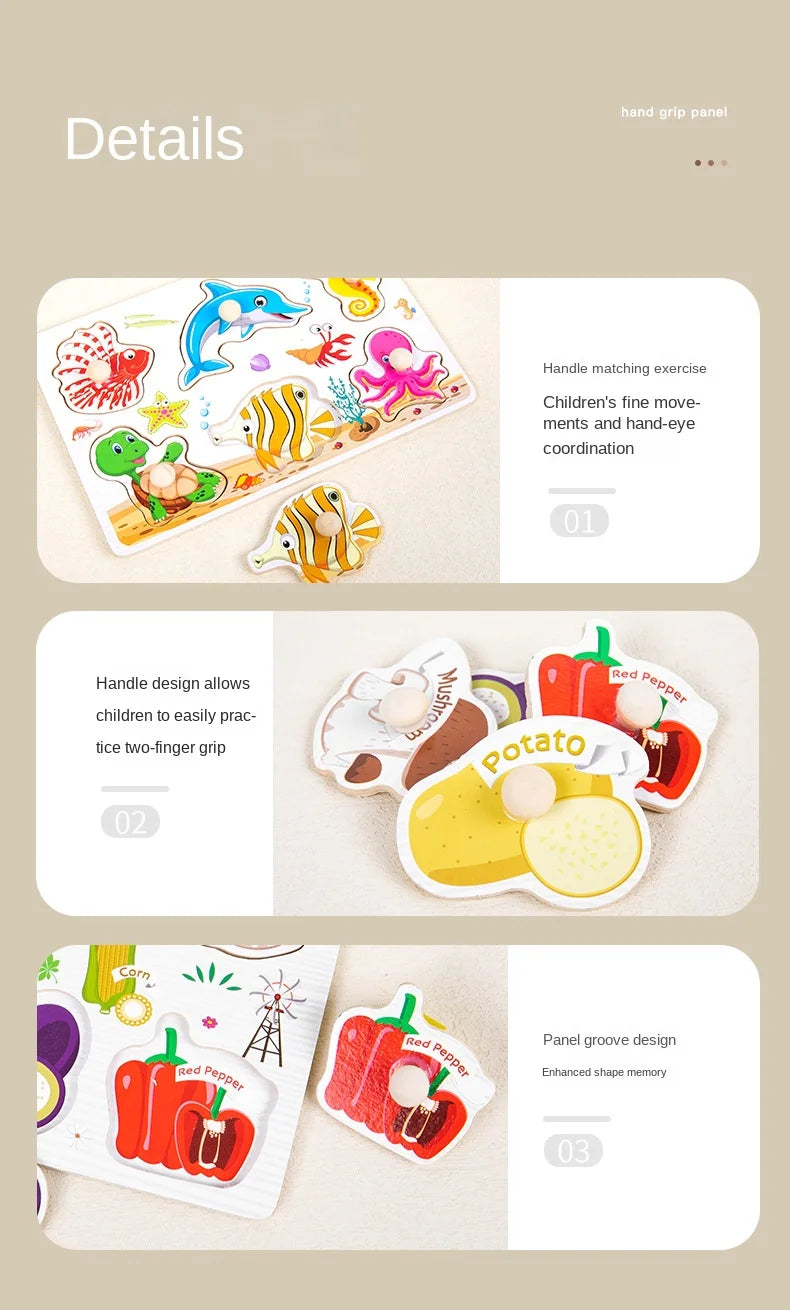 Details of a wooden animal and shape jigsaw puzzle for toddlers showing various designs and features