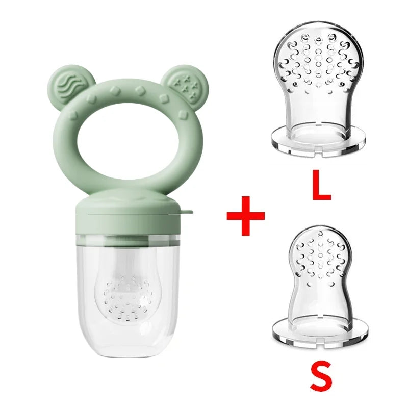 Silicone fruit food feeder and cooling mold set shown with L and S parts.