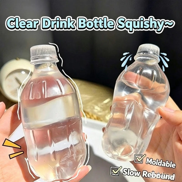 A hand holds a clear drink bottle squishy toy demonstrating its moldable and slow rebound features.