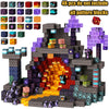 A detailed construction set featuring a castle built from various colored magnetic blocks and terrain elements.