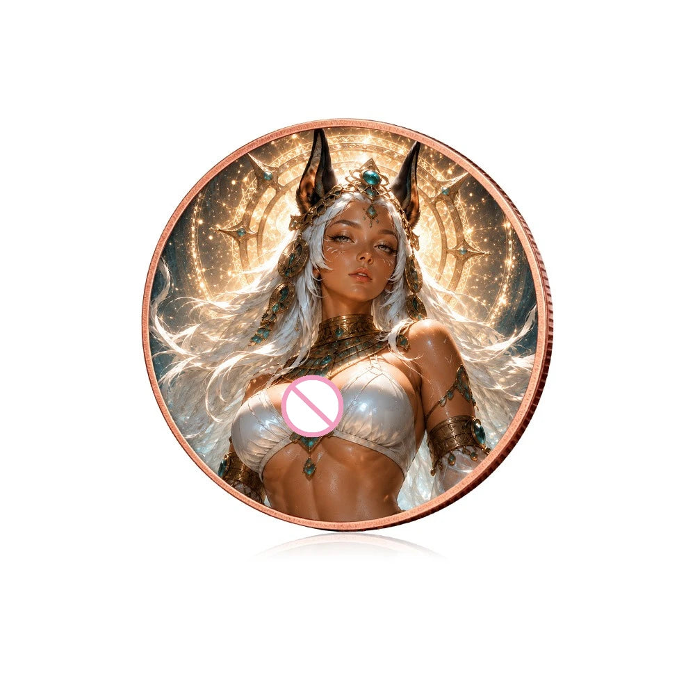 A close-up of a fantasy witch with horns and flowing hair wearing gold jewelry, surrounded by a circular background of golden