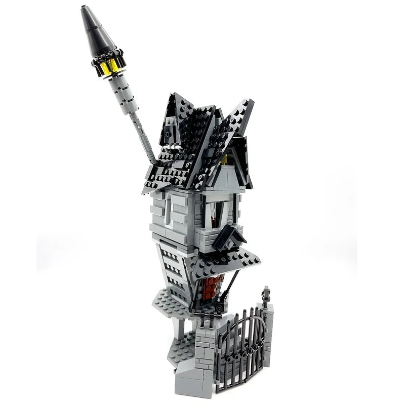 A building block set depicting a haunted house structure with a spire and battlements.