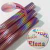 A roll of pink holographic vinyl material is shown next to a circular label featuring the name Elena.